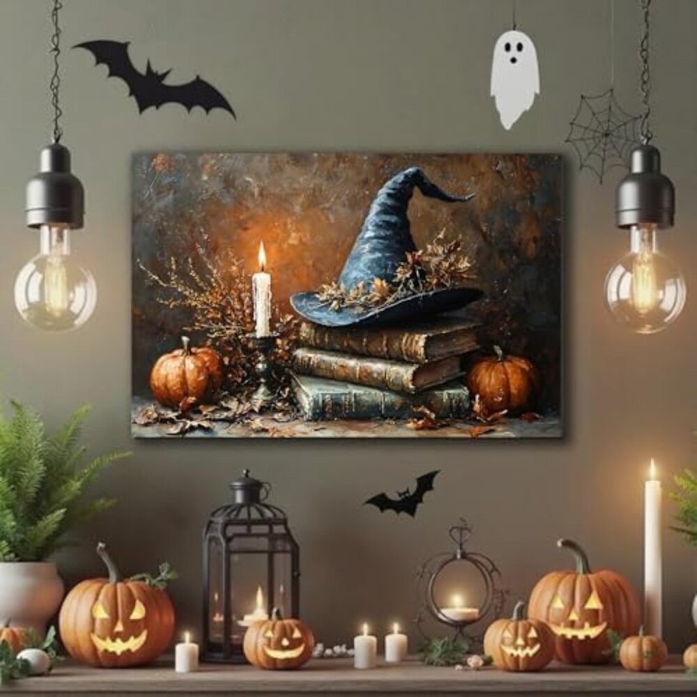 Framed Halloween Canvas Wall Art for Living Room Decoration 8x12, Witch Hat